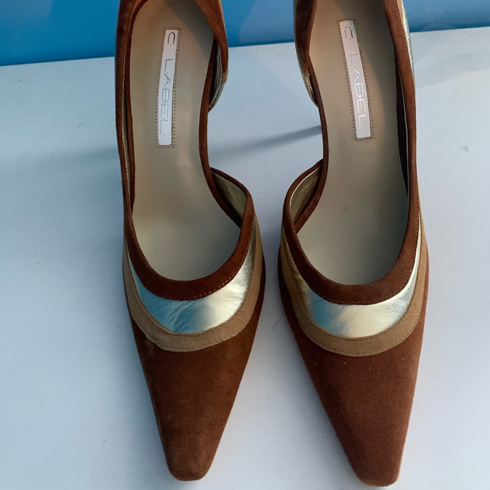 C Label Cognac Suede Pump Heels metallic New 8